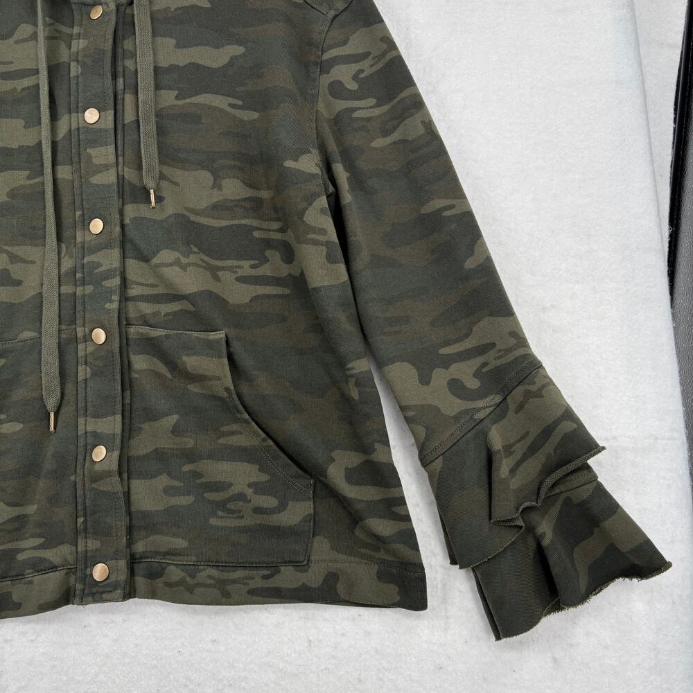 Sanctuary Hooded Jacket Size M Olive Green Camo Full Zip Ruffle Sleeve Hoodie - Picture 8 of 14